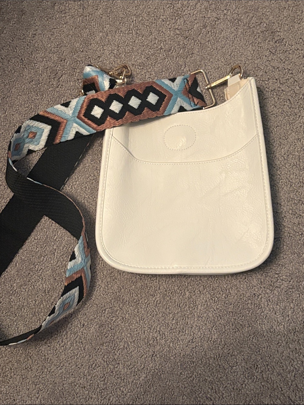 Ahdorned White Crossbody Bag with Patterned Strap- NEW
